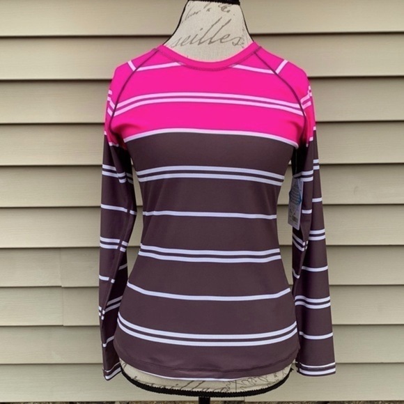 Athleta Colorblock Striped Pink/Brown/White Long-sleeve Rash-guard - Picture 2 of 13